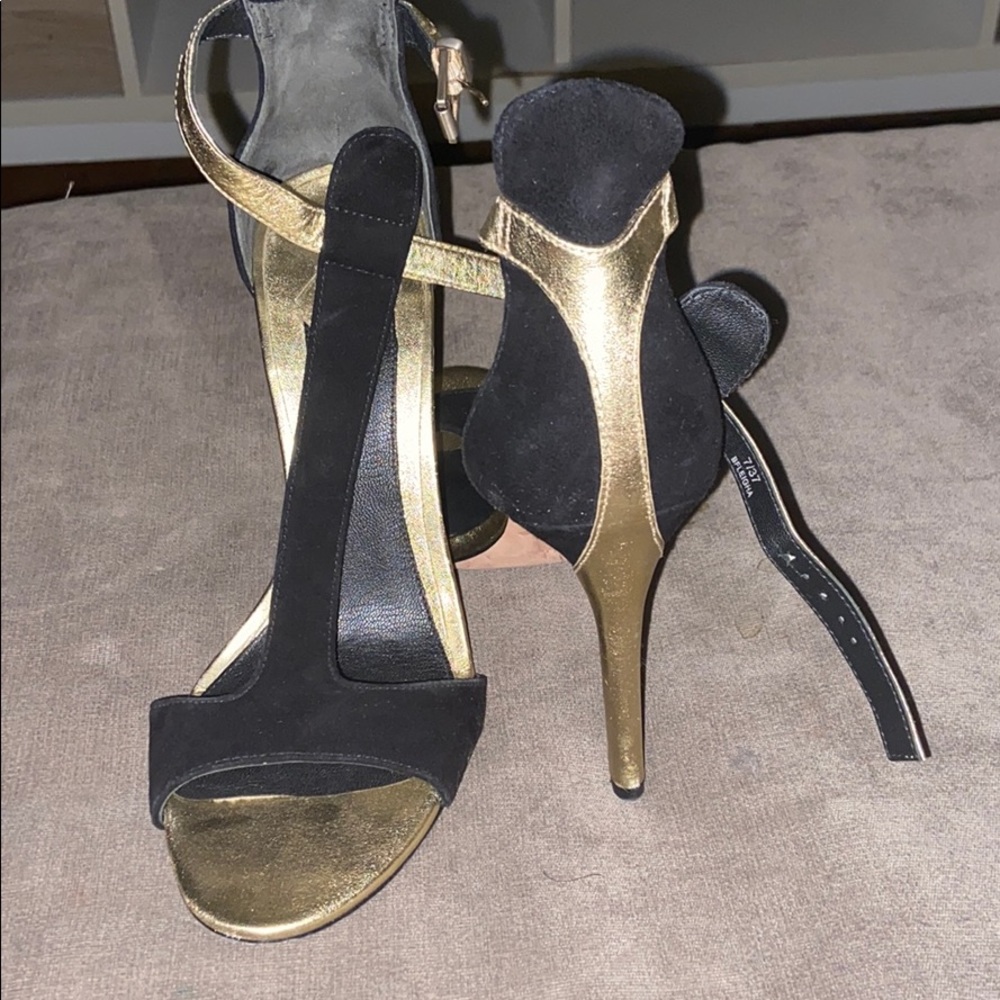 B Brian Atwood black and gold sandals